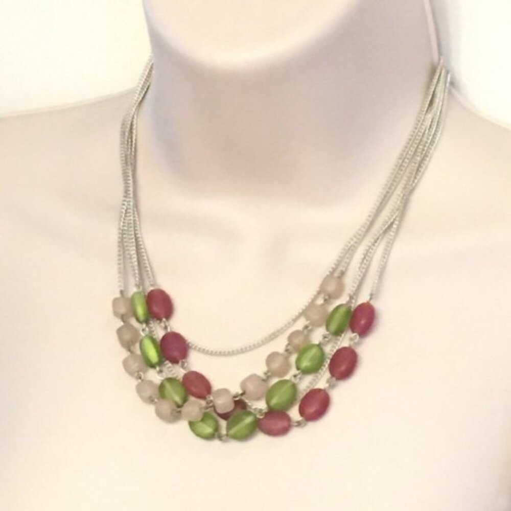 Sea Glass Multi Strand Silver with Glass Beads Necklace Adjustable